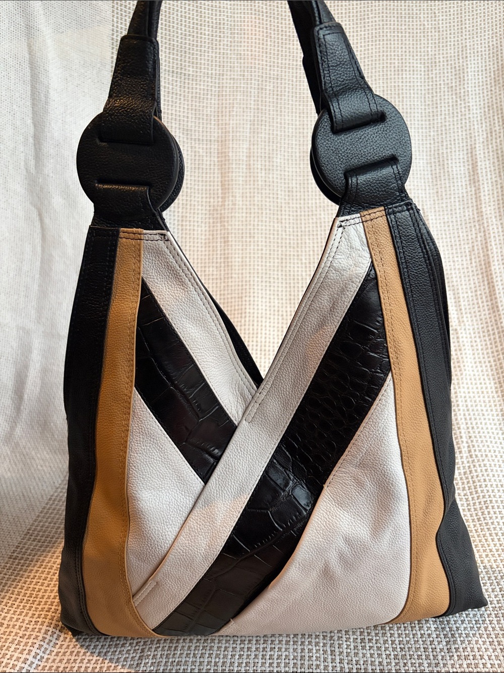 TAHARI Joplin Hobo Colorblock Leather Bag - Black, White & Tan